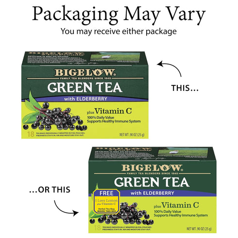 18 Count (Pack 6), 108 Bigelow Tea Green Tea with Elderberry Plus Vitamin C, Caffeinated Tea with Elderberry, Box
