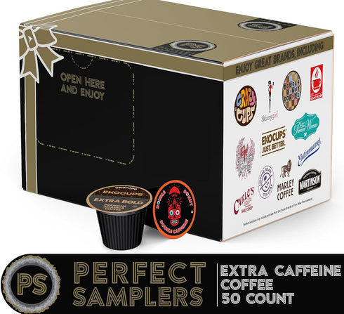 1.0 2.0 Pack (50Count) Perfect Samplers Extra Caffeine Extra Bold Coffee Single Serve Cups for Keurig K Cup Brewers