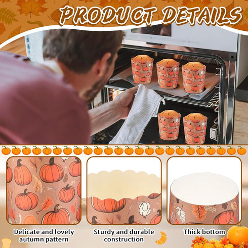 50 Sets 12oz Sets Potchen Fall Panettone Paper Mold Disposable Autumn Paper Bread Molds Baking Cake Pan with Clear