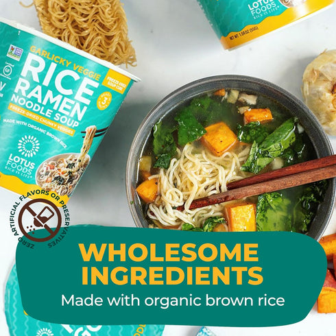 1.94 Oz (Pack 6) Lotus Foods Organic Garlicky Veggie Rice Ramen Noodle Soup - Ramen Noodles, Cup of Noodles, Instant