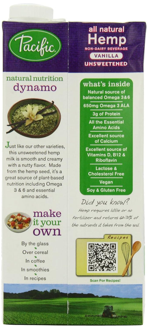 Pacific Natural 6 Count Unsweetened Hemp Milk, Vanilla