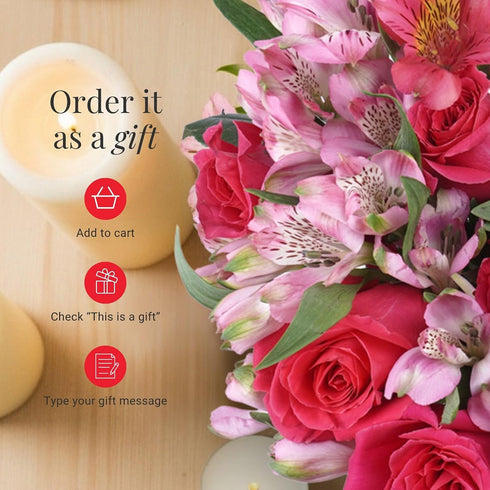 BloomsyBox Forever Blooming Bouquet Fresh Hot pink Roses & Light pink Alstroemeria (Glass Vase Included) Fresh Flowers