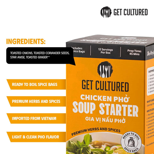 3.2 oz (10-12 Get Cultured Box Chicken Pho Soup Starter, Authentic Vietnamese Chicken Broth Base with Curated Herbs