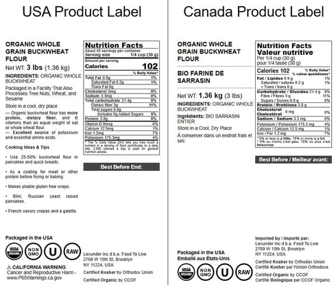 3 Food to Live Organic Whole Grain Buckwheat Flour, Pounds Non-GMO, Kosher, Unbleached, Unbromated, Unenriched, Stone