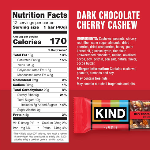 4g 24 Count KIND Healthy Snacks Bars, Dark Chocolate Cherry Cashew, Gluten Free, High Fiber Snacks, Protein