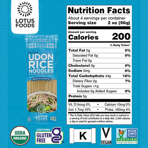 8 Oz (Pack 8) Lotus Foods Organic Brown Udon Rice Noodles - Gluten Free Udon Noodles, Organic Brown Rice Noodles, Vegan