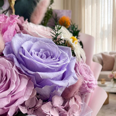 5 1-3 Preserved Flowers Bouquet Real Roses, Flowers for Delivery, Long-Lasting Mixed Purple Roses & Daisies Bouquet