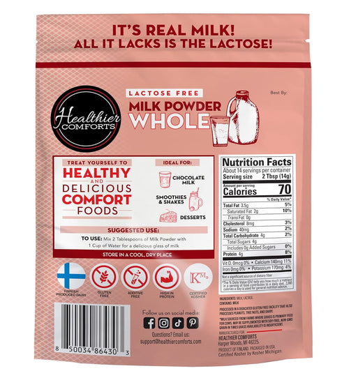 14 (7 oz) Healthier Comforts Lactose Free Whole Milk Powder | Non-GMO, rBST Hormone Free, Kosher, Gluten Free, No