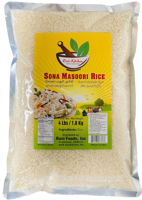 DESI KITCHEN AUTHENTIC INDIAN PRODUCTS Desi Kitchen Sona Masoori Rice~ 4 lbs/1.8 Kg | Short Grain White