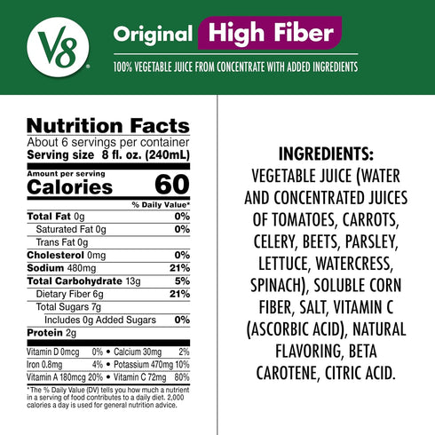 V8 100% 46 oz High Fiber Original Vegetable Juice, fl Bottle