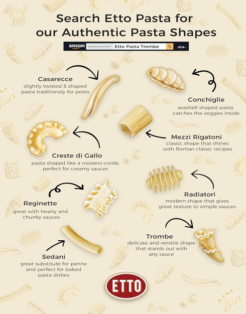 4 (4 Etto Pasta- Organic Trombe Pasta- Single Ingredient- Non-GMO Pasta- Vegan, Vegetarian, Organic Pasta.
