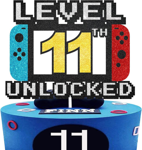 Level 11th Unlocked Cake Topper - Game Theme Party Decorations for 11th Birthday Level Up Supplies