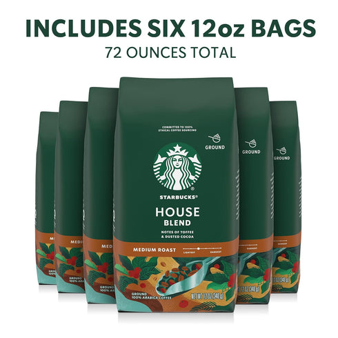 12 oz Starbucks Ground Coffee, Medium Roast Hot or Iced Coffee, House Blend, Six Bags