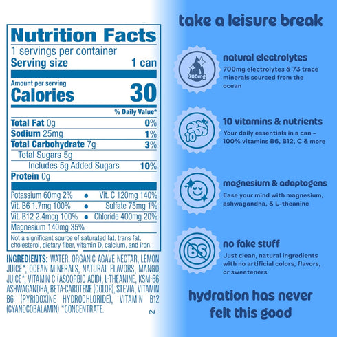 Pack Packed 16 oz (12-Cans) Leisure Hydration Non-Carbonated Electrolyte Refresher, Variety - Low Sugar Nutrient