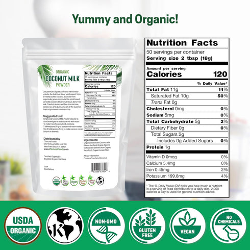 2 lbs Z Natural Foods Organic Coconut Milk Powder - All-Natural Vegan Dairy-Free Alternative with MCTs - Unsweetened