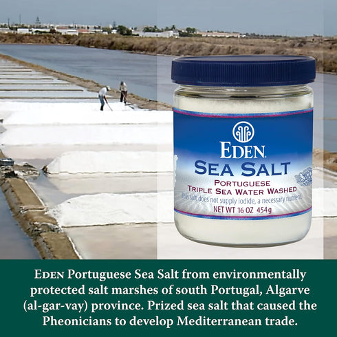 82 16 oz (1lb) Eden Sea Salt, Hand Harvested Portuguese, Triple Sea Water Washed, Fine Grind, Trace Minerals, Glass