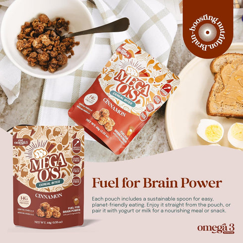 3 Omega-3 Omega-6, 66g Pack 6 Eat Omega Mega Os Cinnamon Granola Cereal Bites - Gluten-Free, Dairy-Free, Plant-Based