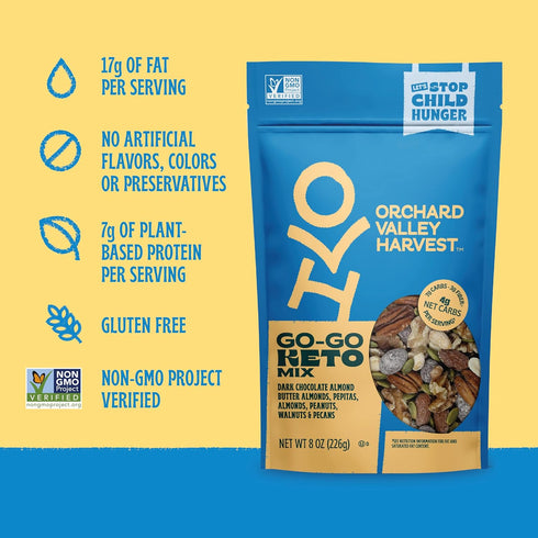 14 Pack (1.85 oz), Orchard Valley Harvest Go-Go Keto Mix, Dark Chocolate Almonds, Peanuts, Walnuts, And Pecans, Low