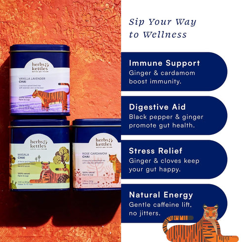 Set Herbs & Kettles Chai - Combo | Masala Chai, Rose Cardamom Chai & Vanilla Lavender | Gourmet Loose Leaf Tea for Tea