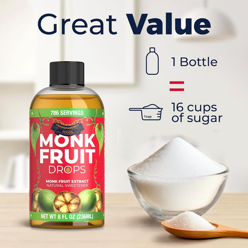 (6 1 (8oz, 786 Monk Fruit Extract Drops = Tsp of Sugar) Zero Calories, Non-GMO, No Fillers - Liquid Monk Fruit