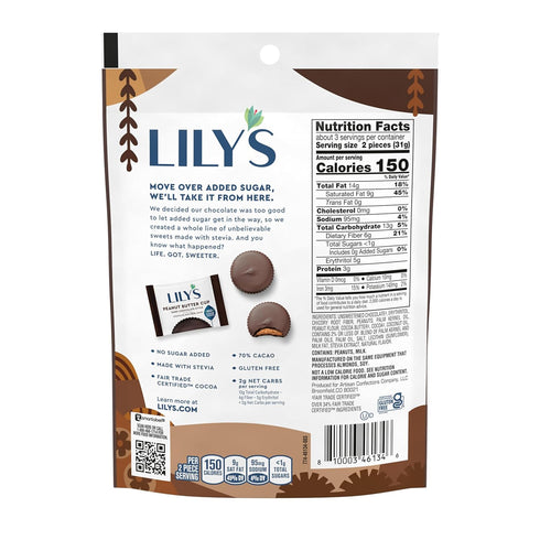 3.2 oz LILY'S Dark Chocolate Style No Sugar Added Peanut Butter Cups, Sweets Bag