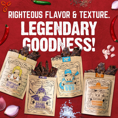 Righteous Felon Beef Jerky Variety Pack, Gluten Free Snack Packs for Adults, High Protein, Keto, Low Sugar, 4 Pack