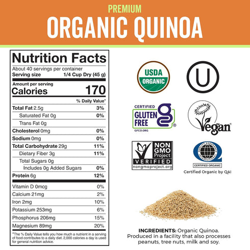 4 lb Viva Naturals Organic Quinoa, Pre-Washed Whole Grain, Plant Protein, USDA Organic, Gluten-Free, Non-GMO, Vegan
