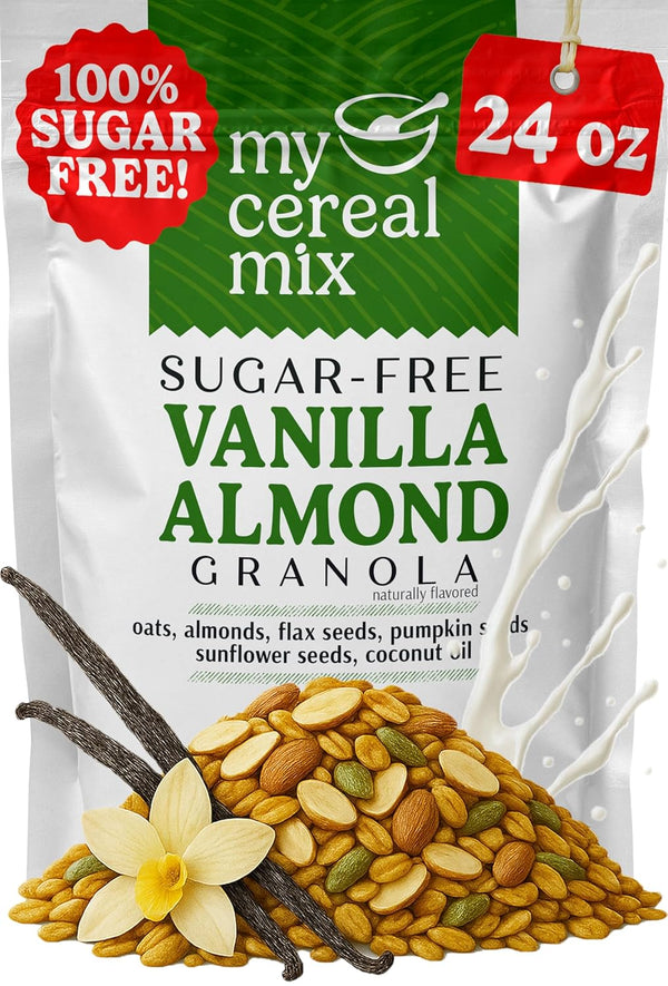 MyCerealMix Sugar Free Granola Vanilla Almond 24oz Keto Friendly, High Fiber Diabetic