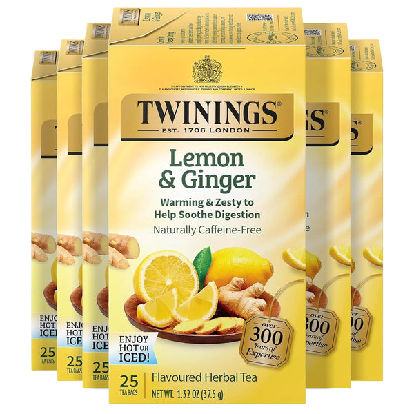 Twinings Lemon & Ginger Herbal Tea Individually Wrapped Bags, 25 Count (Pack