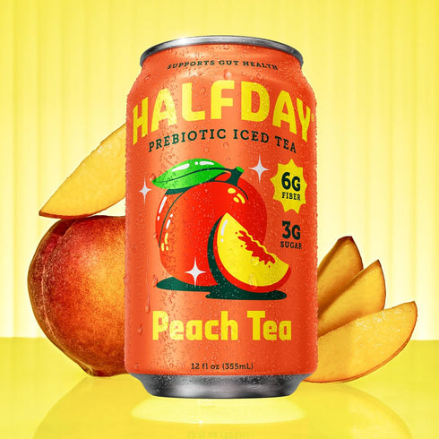 6g 3g 35 12 oz (12 pack) HALFDAY Prebiotic Peach Iced Tea Cans, Supports Digestive & Gut Health, Plant Fiber