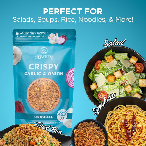 3.5 Oz., Homtiem Crispy Garlic & Onion : Original Mild Mild Spice, Versatile Seasoning, All-Natural, Non-GMO, Vegan