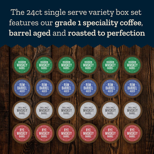 Pack Set 24ct Coopers Cask Coffee Bourbon Barrel Aged Coffee Pods Variety - Single Serve Cups, Bourbon, Rye Whiskey