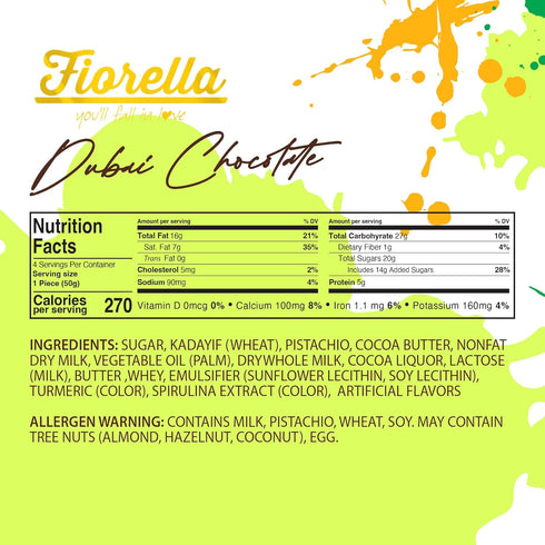 7.05 Oz Fiorella Dubai Chocolate Bar Pistachio, Luxury & Premium Dubai Milk Chocolate Bar Filled with Pistachio Butter