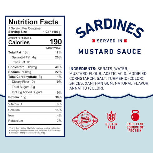 3.75 oz (Pack 12) 16g Beach Cliff Wild Caught Sardines in Mustard Sauce, Can of - Protein per Serving - Gluten Free