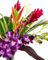 Generic Fresh Orchids and Tropical Flower Bouquet, Purple Orchids, Red Ginger, Heliconia, Mixed Foliage, Hawaiian