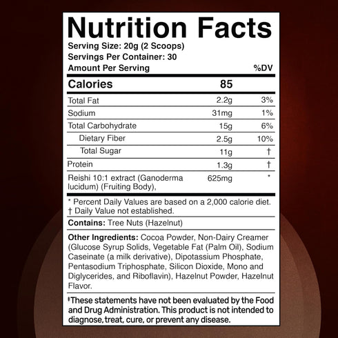 10:1 30 Mushroom Hazelnut Powder with Reishi Extract, Hot Cocoa Powder Caffeine-Free Mushroom Coffee Alternative