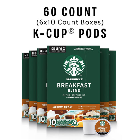 60 Starbucks K-Cup Coffee Pods, Medium Roast Hot or Iced Coffee, Breakfast Blend, Keurig Pods