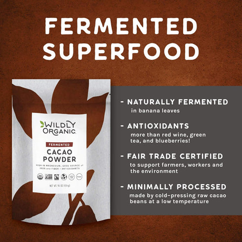 16 Oz, 1 lb Wildly Organic Fermented Cacao Powder Bag - Organic, Non-Alkalized, Minimally Processed, High