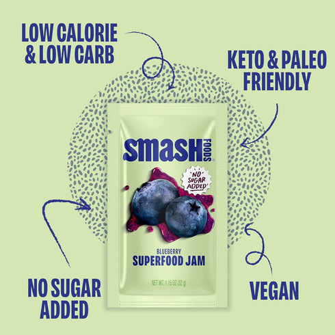 Packets 10 Smash Foods Blueberry Jam Squeeze | Single Serve | Natural, Keto & No Sugar Added | Vegan & Upcycled Fruit