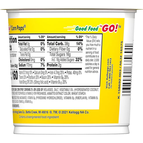 8 (12 Kellogg's Corn Pops Cold Breakfast Cereal Cups, Vitamins and Minerals, Kids Snacks, Original Cups)