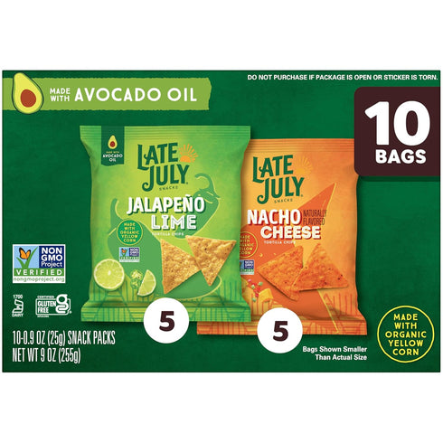 Pack 0.9 Oz 10 Count LATE JULY Snacks Variety Tortilla Chips, Snack Bags