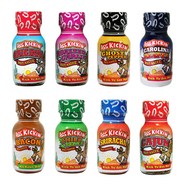 ASS KICKIN' Premium Hot Sauce Travel Size Mini Bottles - 8 Pack