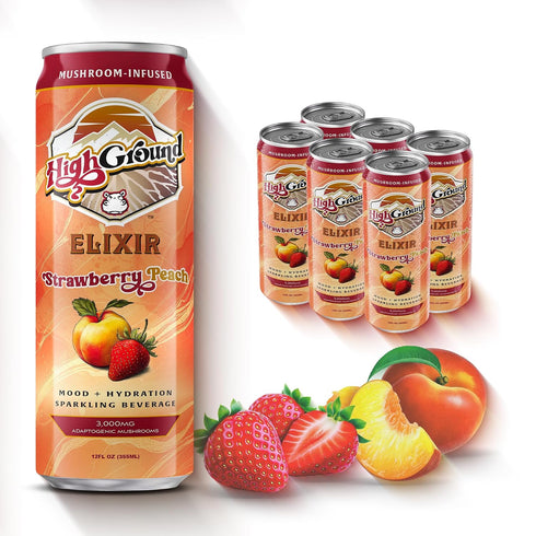 High Ground Elixir Mushroom Seltzer Strawberry Peach | Lions Mane for Focus,
