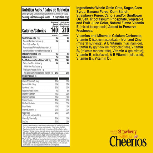 19 oz Strawberry Banana Cheerios, Heart Healthy Gluten Free Breakfast Cereal, Made with Whole Grain Oats, Family Size