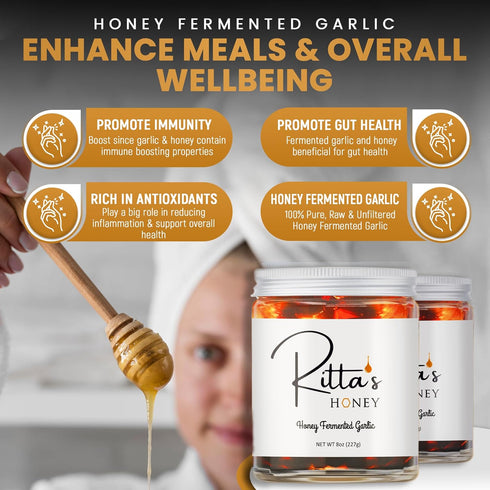 Ritta's Honey 100% Fermented Garlic Honey to Enhance Meals and Overall Wellness. Pure, Nutrient Rich Raw California