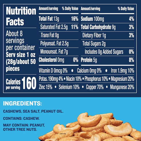 8oz (4 PLANTERS Salted Cashew Halves & Pieces, Party Snacks, Plant-Based Protein Canister)
