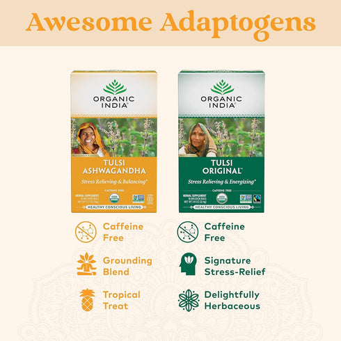 18 3 Pack ORGANIC INDIA Calming Tulsi Ashwagandha Herbal Tea - Holy Basil Tea with Ashwagandha Root, Supports Restful