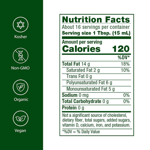 8.5 oz. Flora - Certified Organic Sesame Oil - Cold-Pressed Cooking Oil with Essential Fatty Acids - Vegan, Kosher