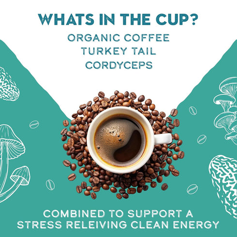 Immune 1 12oz Organic Turkey Tail & Cordyceps Mushroom Coffee Dark Roast, Full Fruiting Body, Antioxidants, System