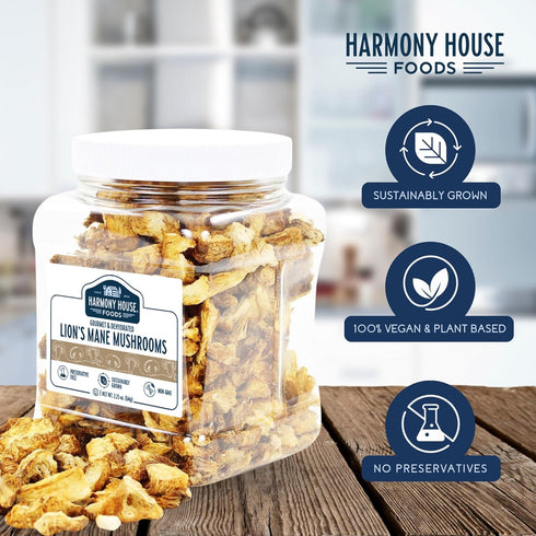 (2.25 oz, Harmony House Foods Dried Gourmet Lion's Mane Mushrooms Quart Size Jar)
